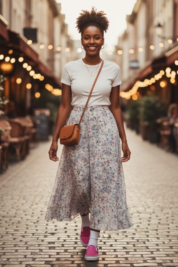 15. Pink Vans with a Maxi Skirt and Fitted Tee