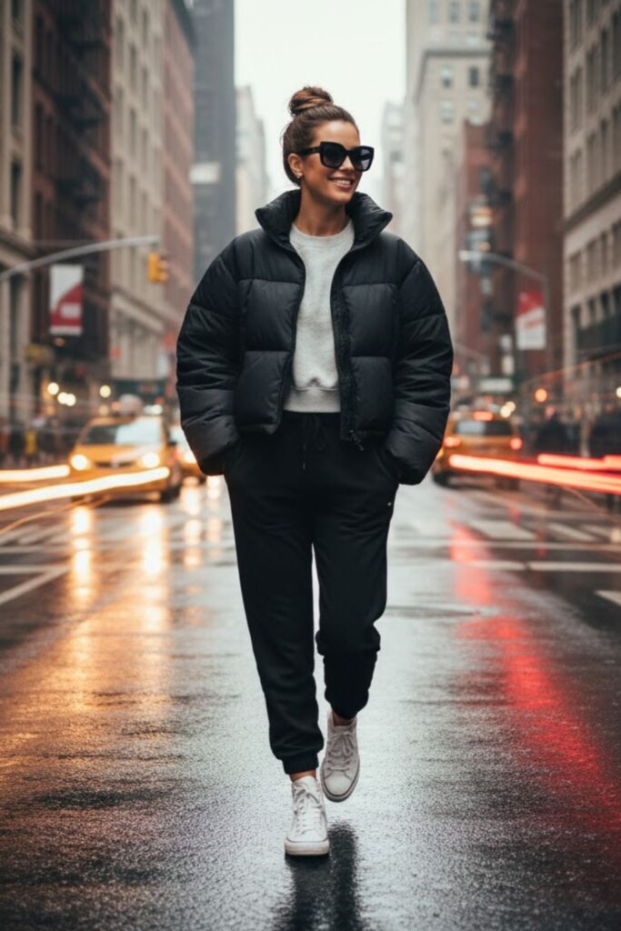 15. Puffer Jacket with Joggers and High-Top Sneakers