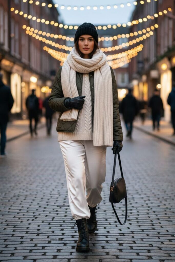 15. Quilted Jacket with Cable-Knit Sweater and White Satin Trousers