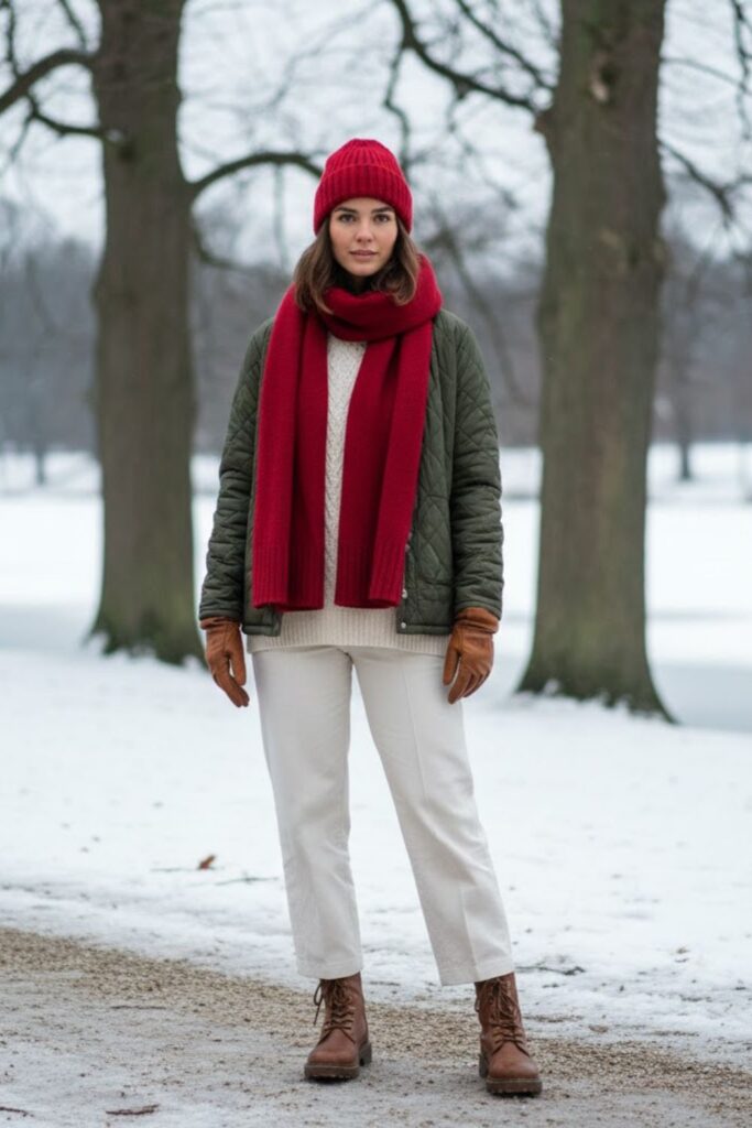 15. Quilted Jacket with Cable-Knit Sweater and White Trousers