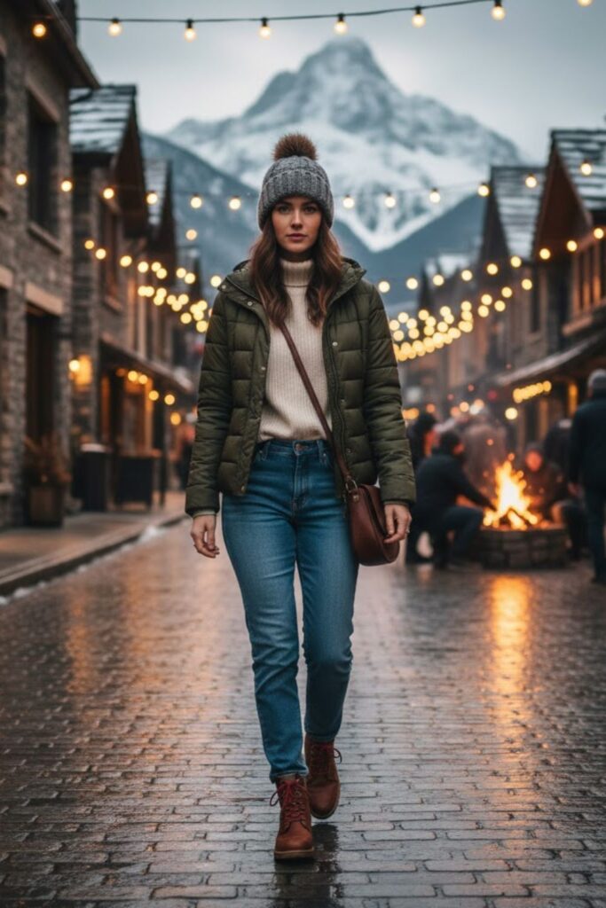 15. Quilted Jacket with Straight-Leg Jeans
