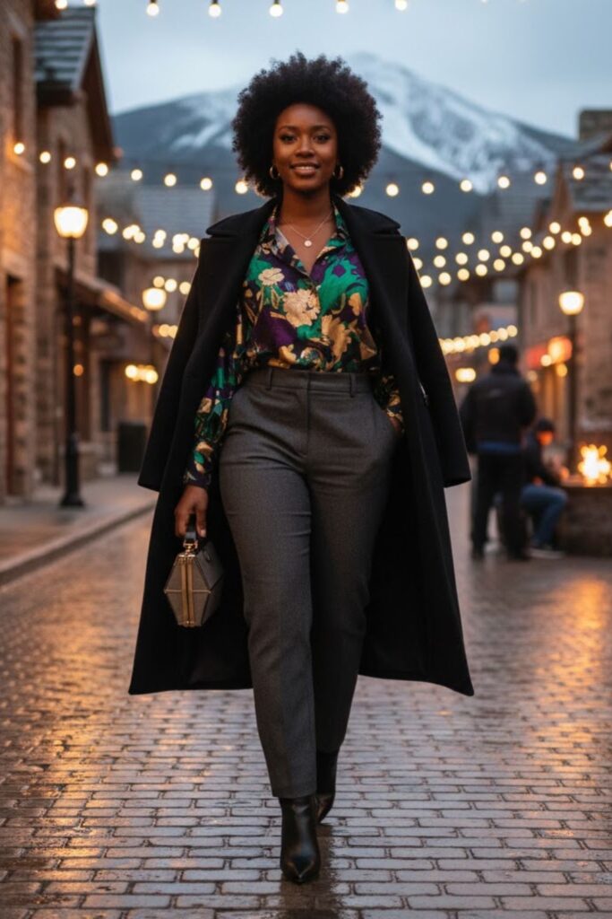 15. Statement Blouse with High-Waisted Trousers