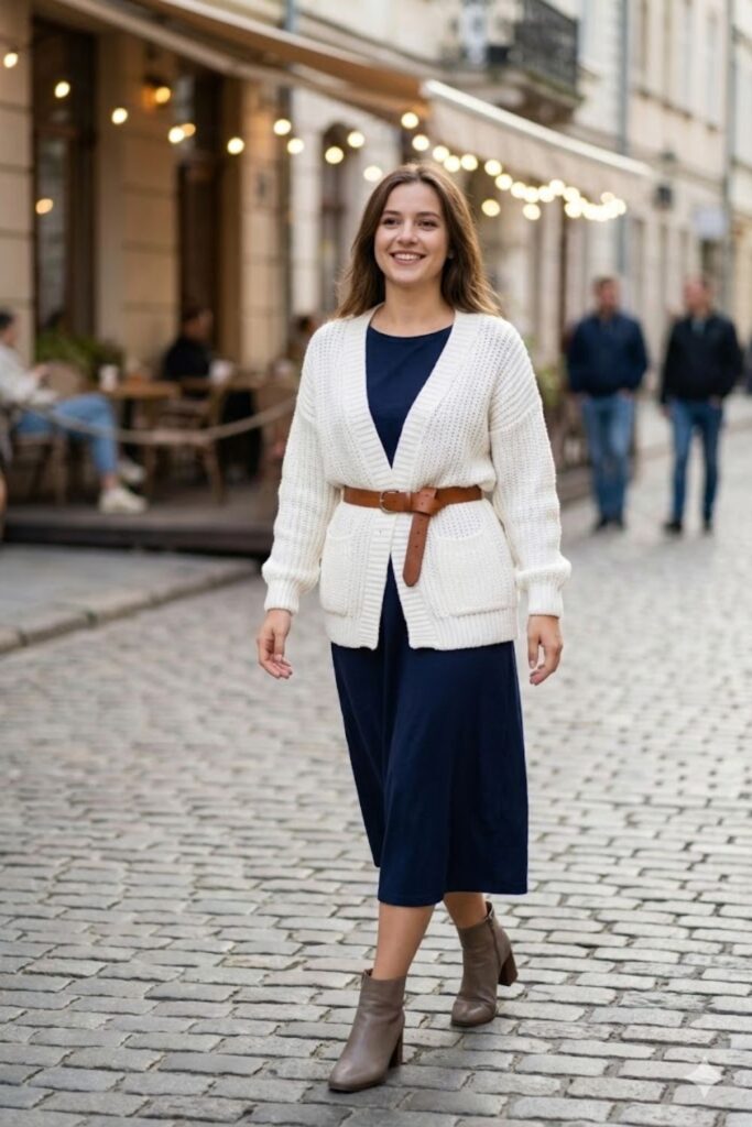 15. White Knitted Cardigan with a Belted Waist Over a Dress