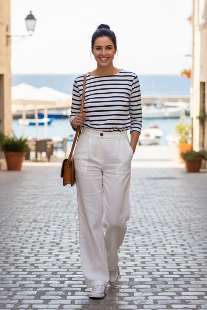 4. White Linen Trousers with a Striped Breton Top