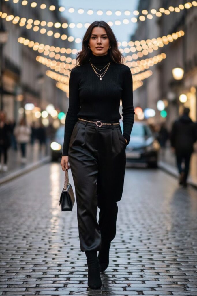 2. Black Satin Trousers with a Black Turtleneck Sweater
