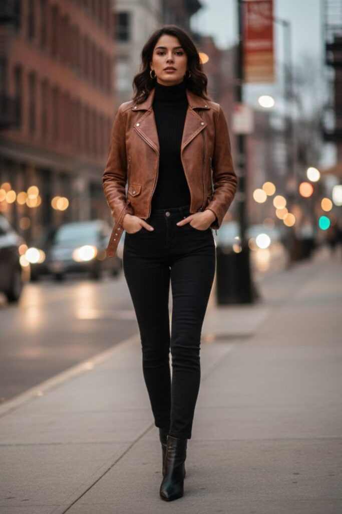 2. Brown Leather Jacket with Black Skinny Jeans