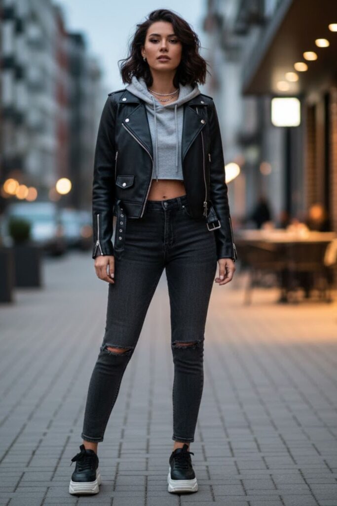 2. Cropped Hoodie with a Moto Leather Jacket