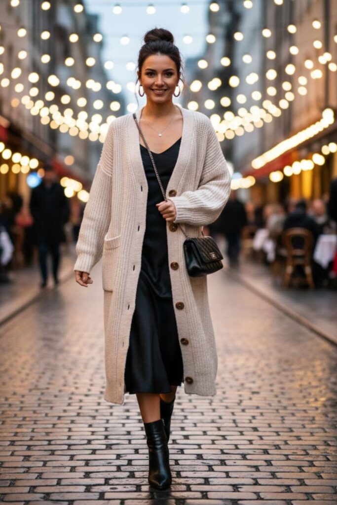 2. Draped Over a Midi Slip Dress for a Soft, Romantic Look