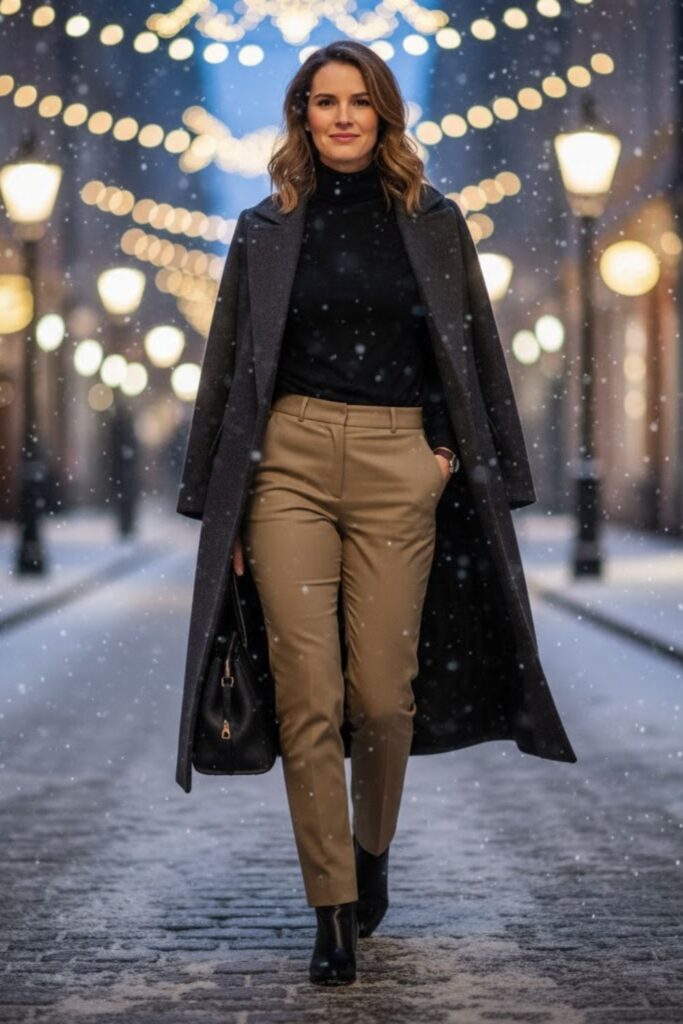 2. Khaki Trousers with a Black Turtleneck