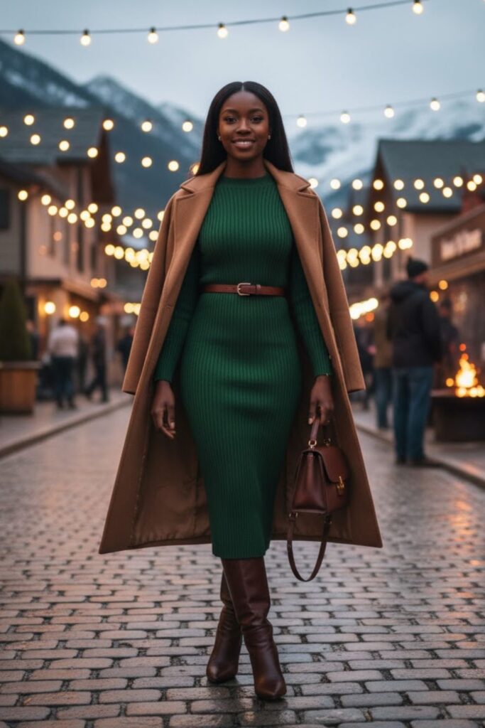 2. Knit Midi Dress with Belt and Knee-High Boots
