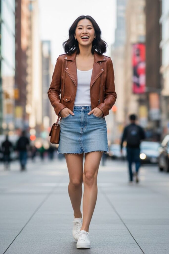 2. Leather Jacket with Denim Mini Skirt
