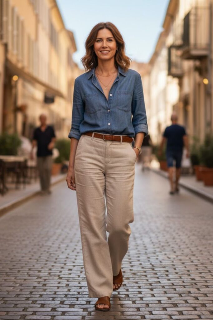 2. Linen Trousers with a Denim Shirt