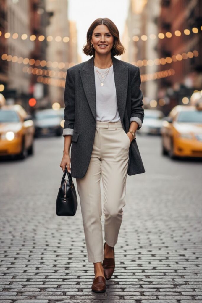 2. Oversized Blazer with Trousers and Loafers