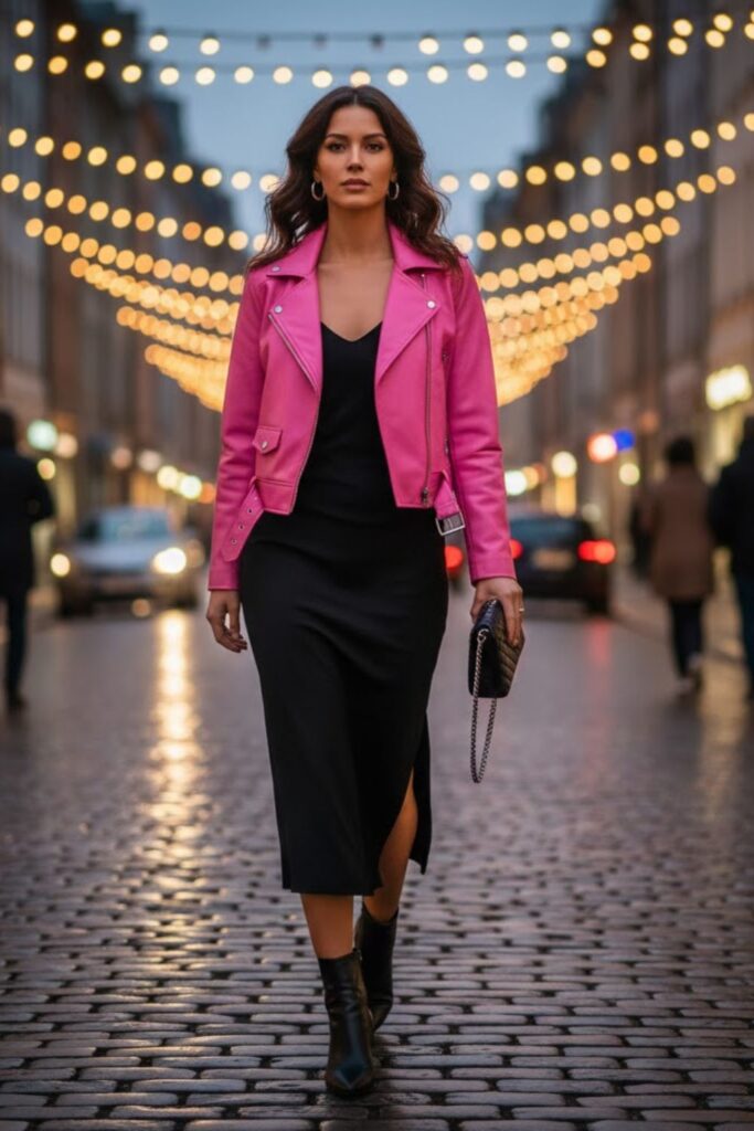 2. Pink Leather Jacket With Black Dress
