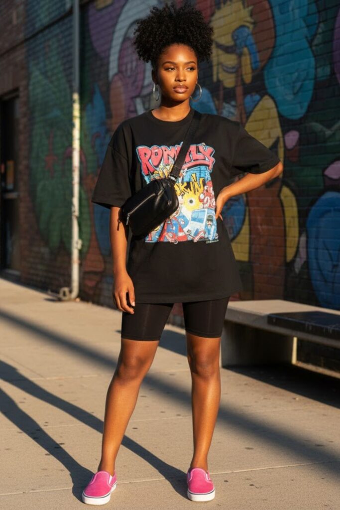 2. Pink Vans with Biker Shorts and an Oversized Graphic Tee