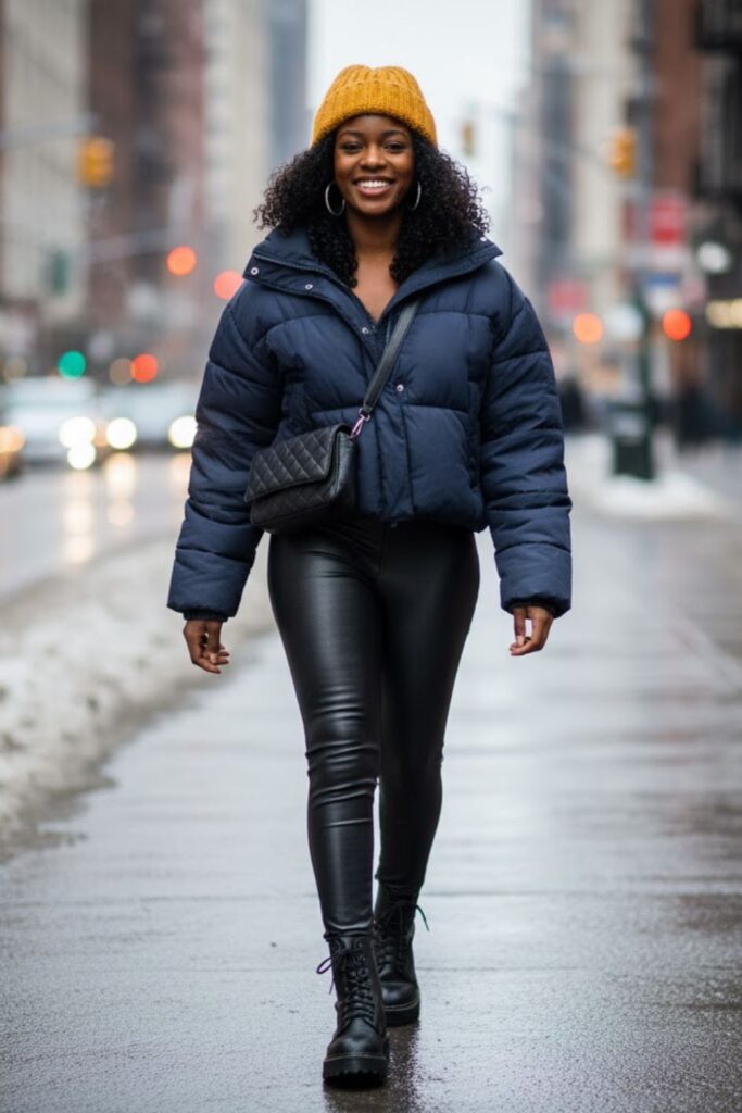 2. Puffer Jacket with Faux Leather Leggings and Combat Boots