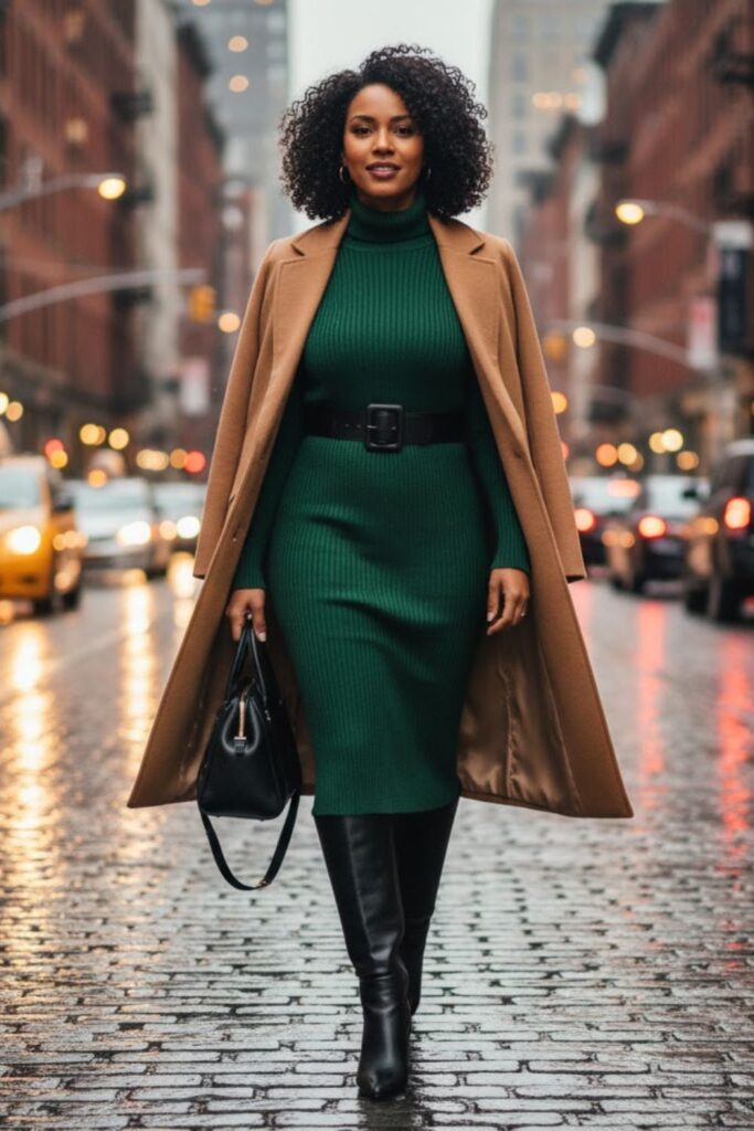 2. Sweater Dress with Tights and Boots