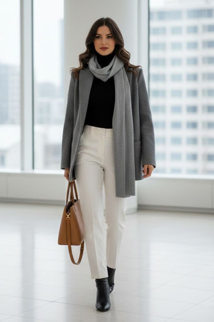 2. Turtleneck Layered with Wool Blazer and White Trousers