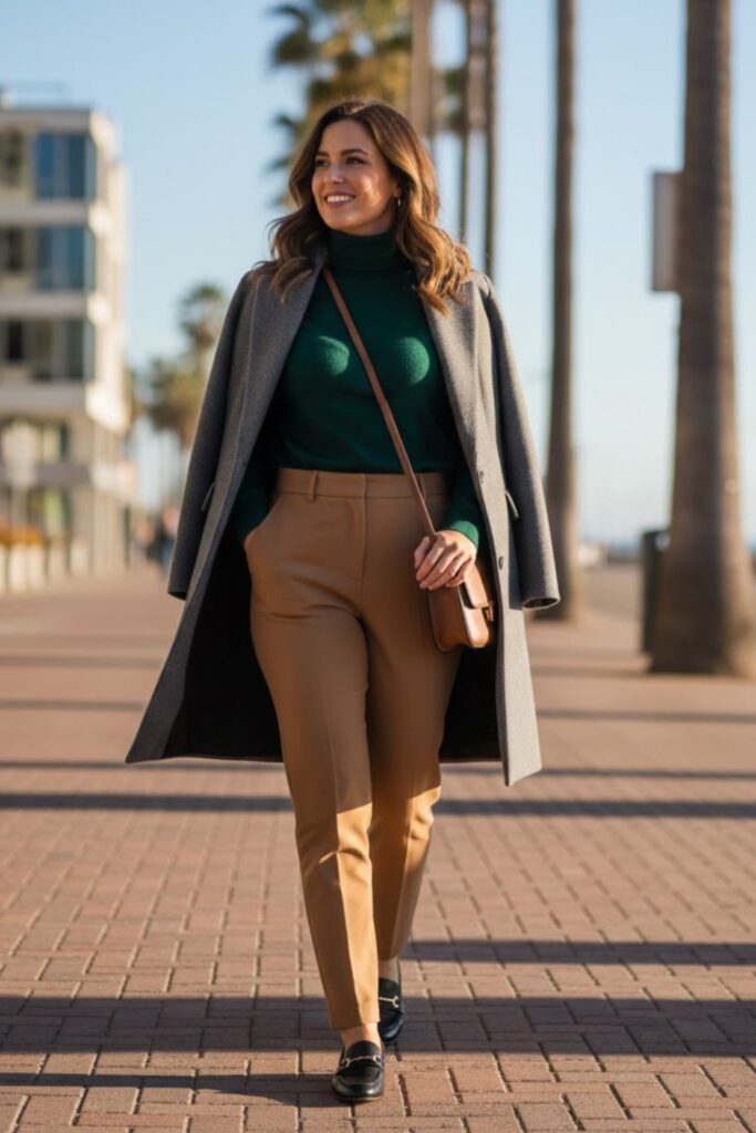 2. Turtleneck Sweater with High-Waisted Trousers and Loafers