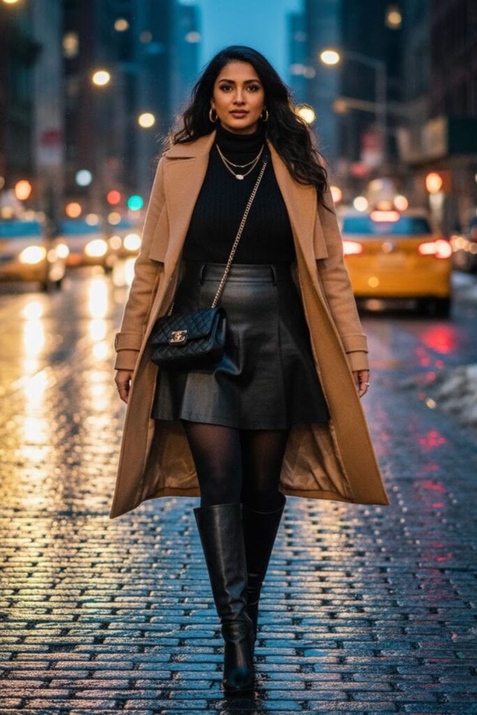 2. Turtleneck and Leather Skirt Combo