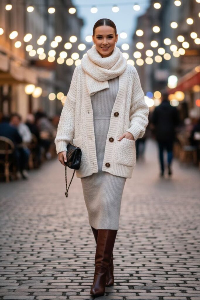 2. White Cardigan with a Knit Midi Dress