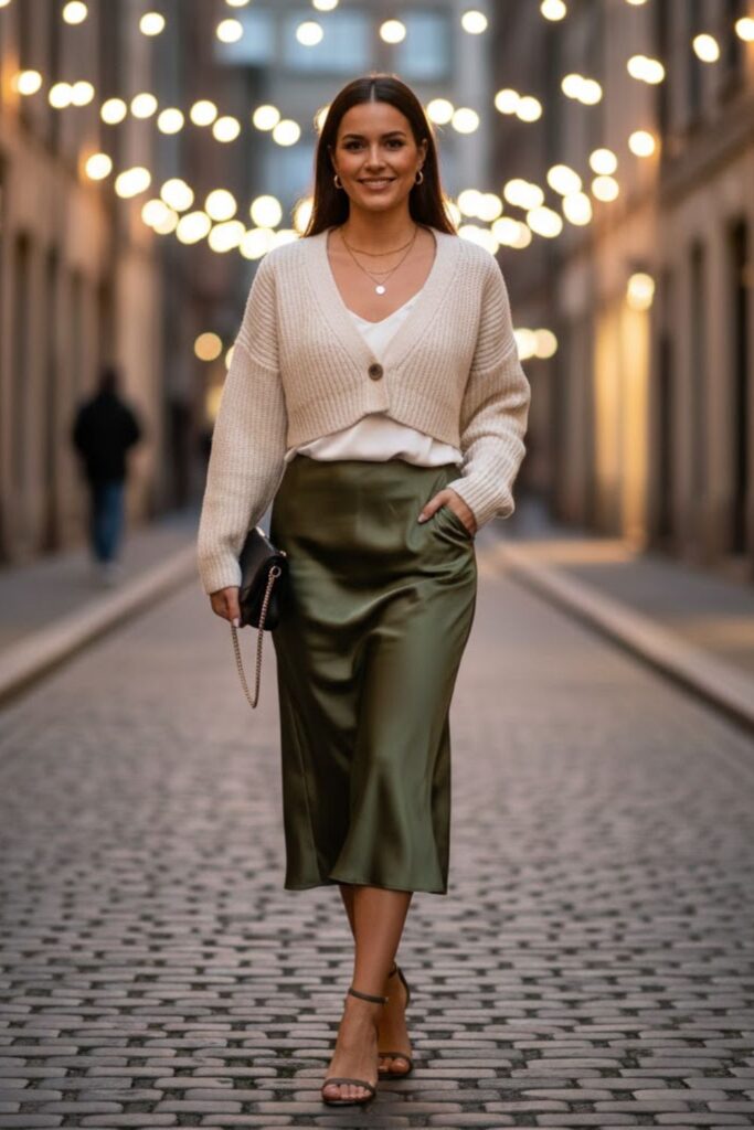 2. White Cropped Cardigan with Satin Slip Skirt and Heeled Sandals
