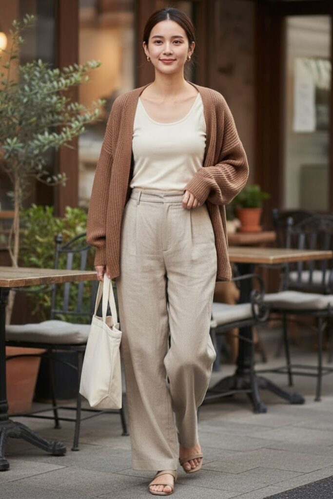 2. White Linen Trousers with a Nude Tank Top and Oversized Cardigan