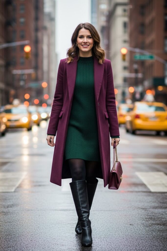 2. Wool Coat with Sweater Dress and Tights