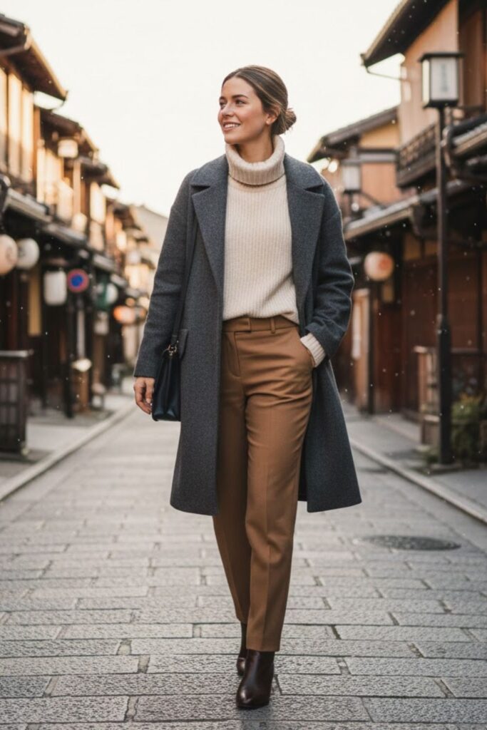 2. Wool Coat with Sweater and Trousers