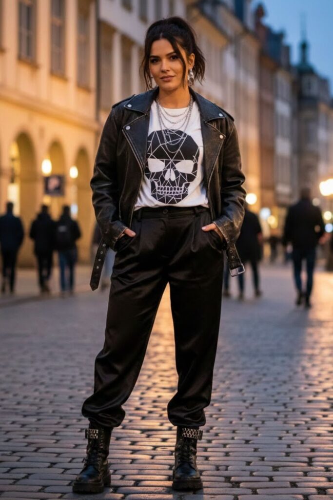 3. Black Satin Trousers with a Leather Jacket and Graphic Tee