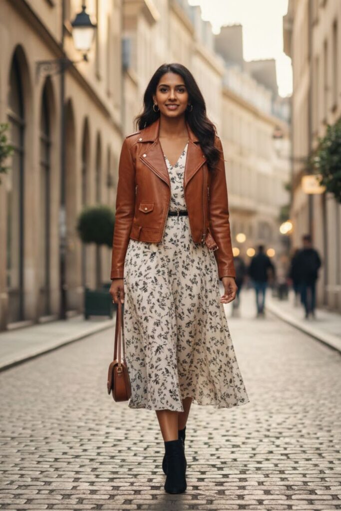 3. Brown Leather Jacket with Midi Dress