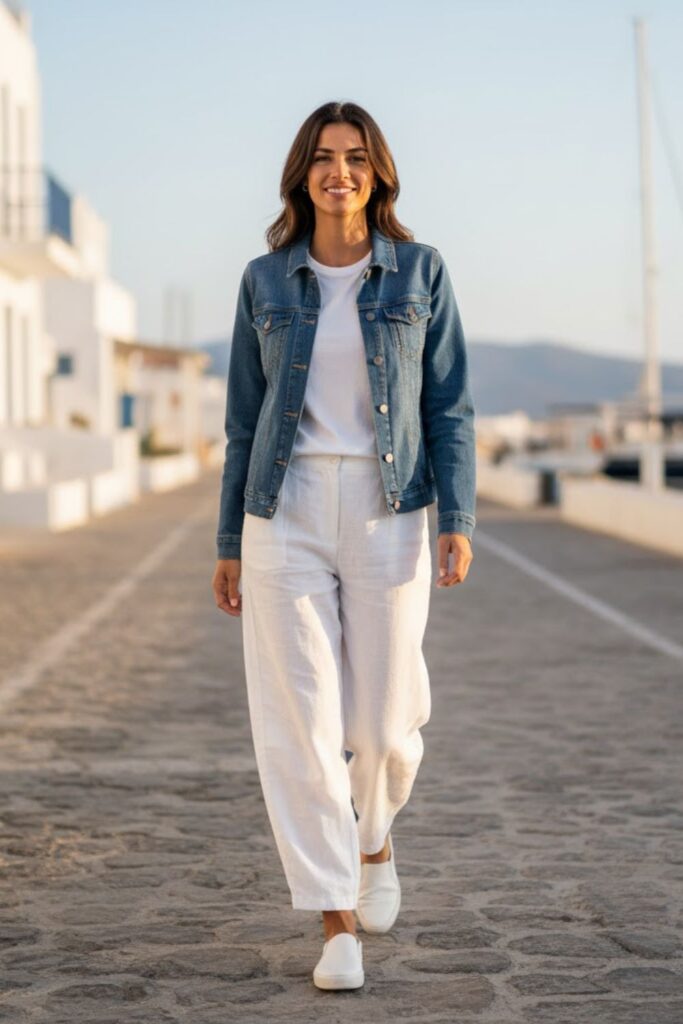 3. Casual White Trousers with a Denim Jacket and Basic Tee