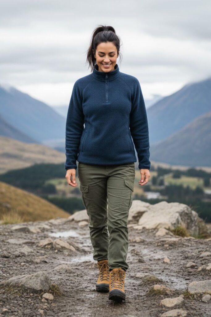 3. Fleece Pullover with Cargo Pants and Boots
