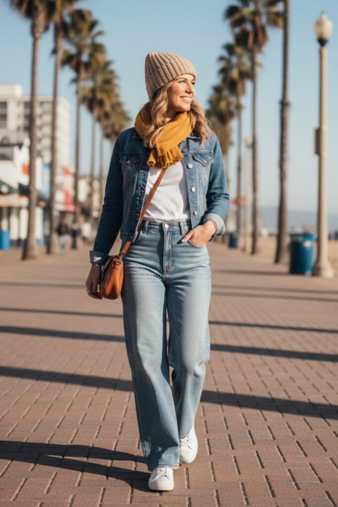 3. Layered Long Sleeve Tee with Denim Jacket and Wide-Leg Jeans