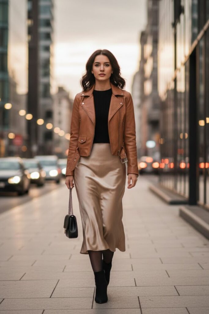 3. Leather Jacket with Satin Slip Skirt
