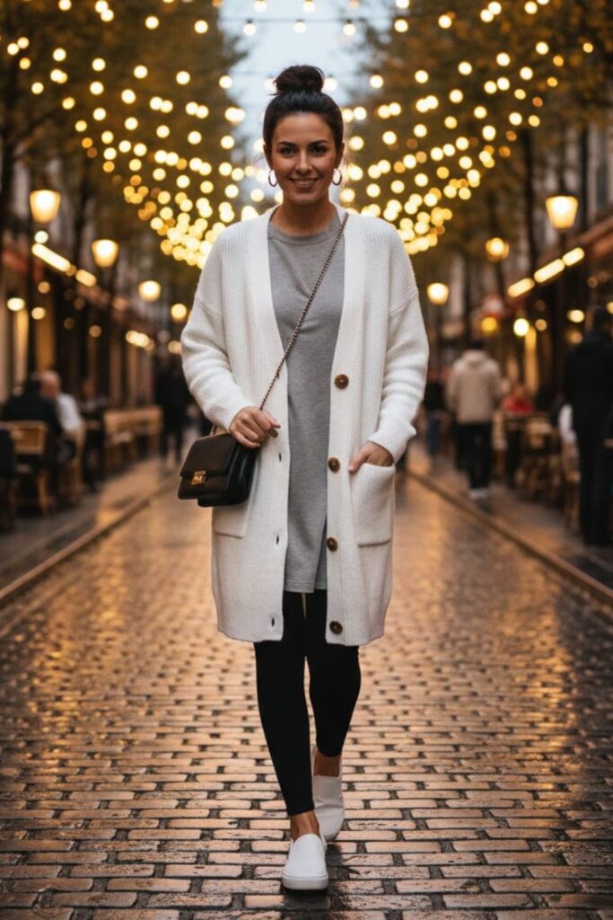 3. Long White Cardigan with Leggings and a Tunic for Cozy Days