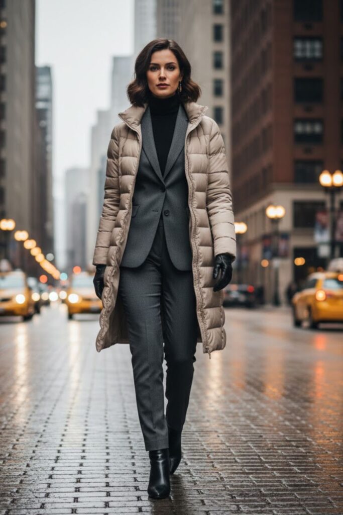 3. Longline Puffer over a Business Suit