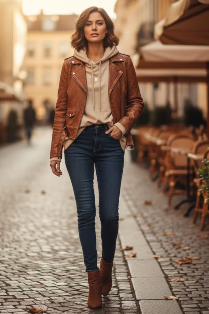 3. Neutral Hoodie with Brown Leather Jacket