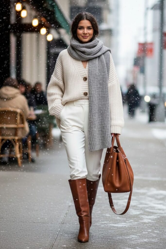3. Oversized Cardigan with White Trousers and Knee-High Boots