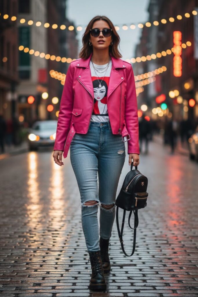 3. Pink Leather Jacket With Ripped Jeans and Graphic Tee