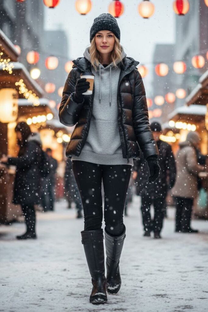 3. Puffer Jacket with Hoodie and Warm Leggings