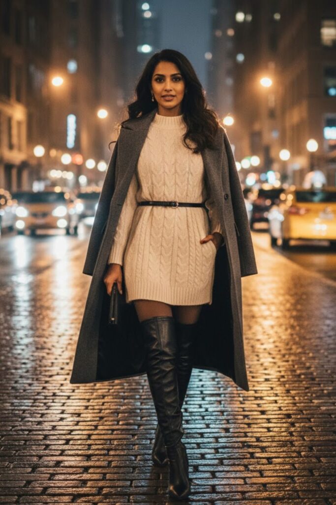 3. Sweater Dress and Over-the-Knee Boots