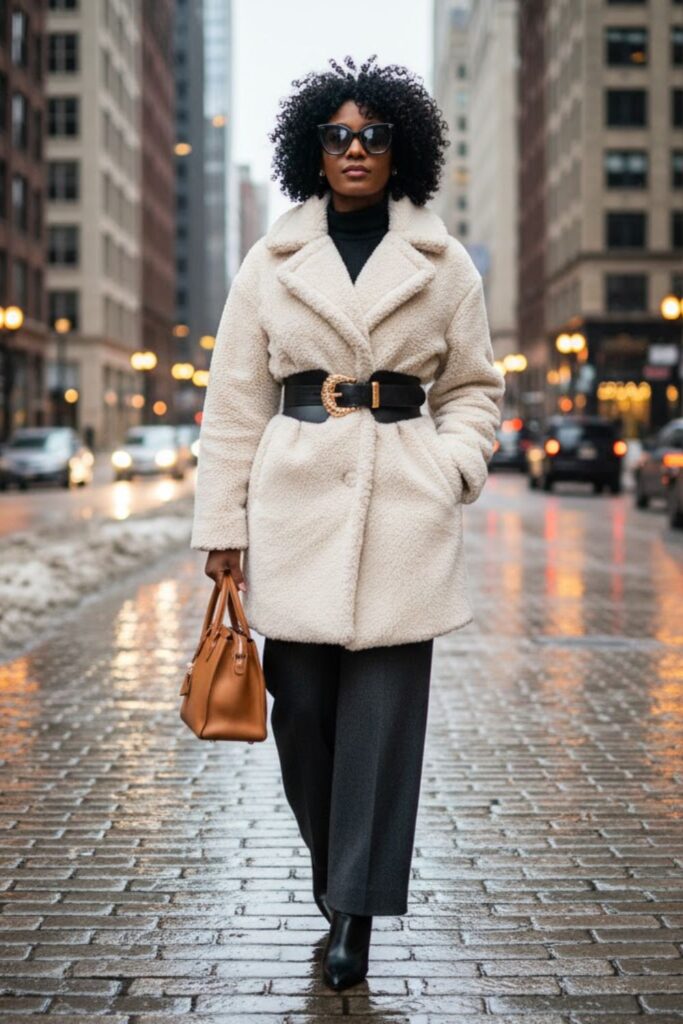 3. Teddy Coat with Wide-Leg Pants and Ankle Boots