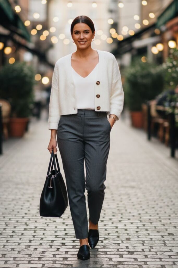 3. White Cropped Cardigan with Tailored Trousers and Pointed Loafers