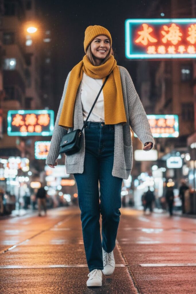 3. Wool Cardigan with Layered Tee and High-Waisted Jeans