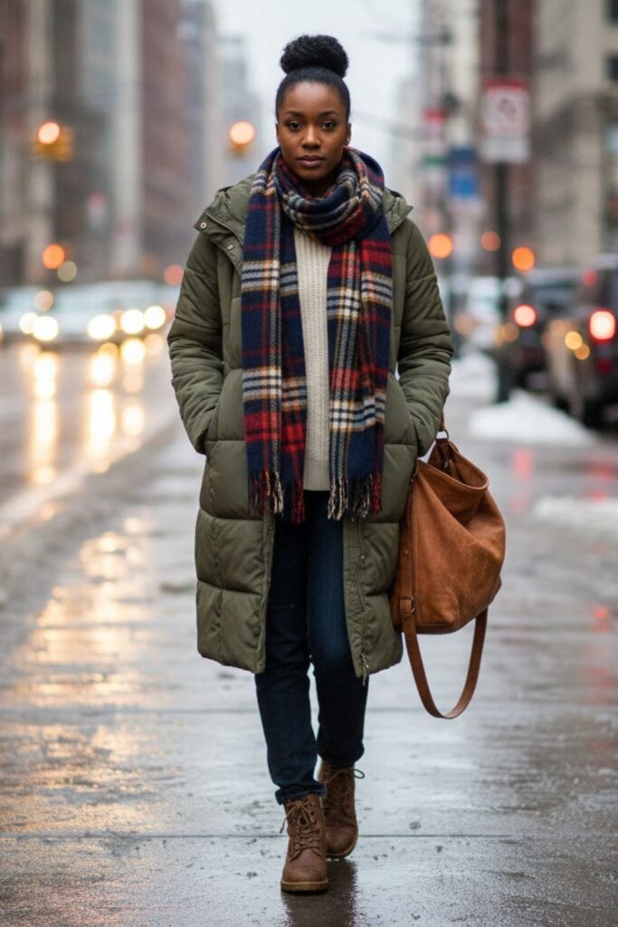 4. Belted Puffer with Jeans and Thermal Sweater