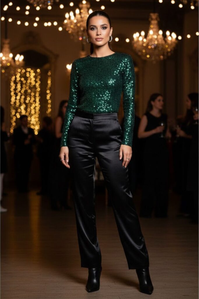 4. Black Satin Trousers with a Sequined Top