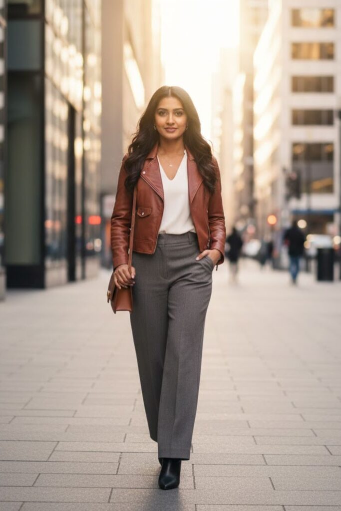 4. Brown Leather Jacket with Wide-Leg Trousers