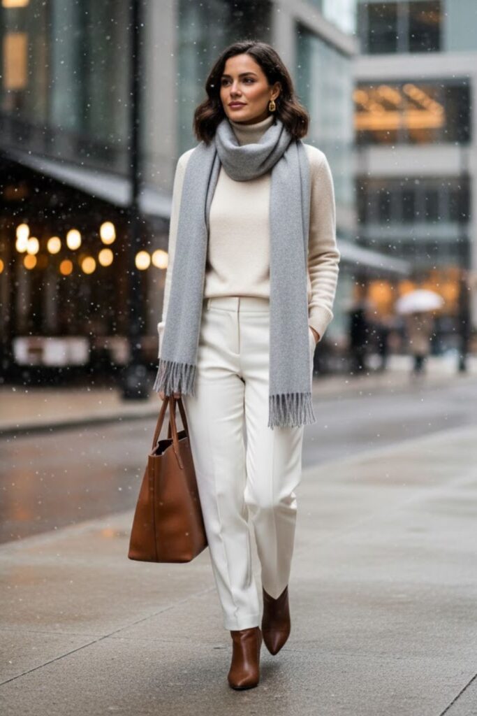 4. Cashmere Sweater with Thermal Layer and White Trousers