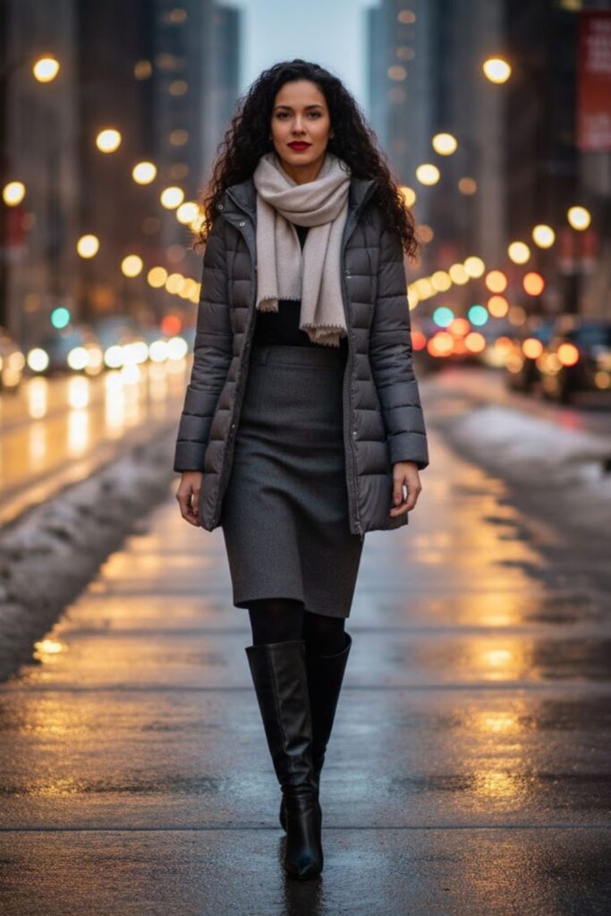 4. Chic Puffer and Pencil Skirt Combo